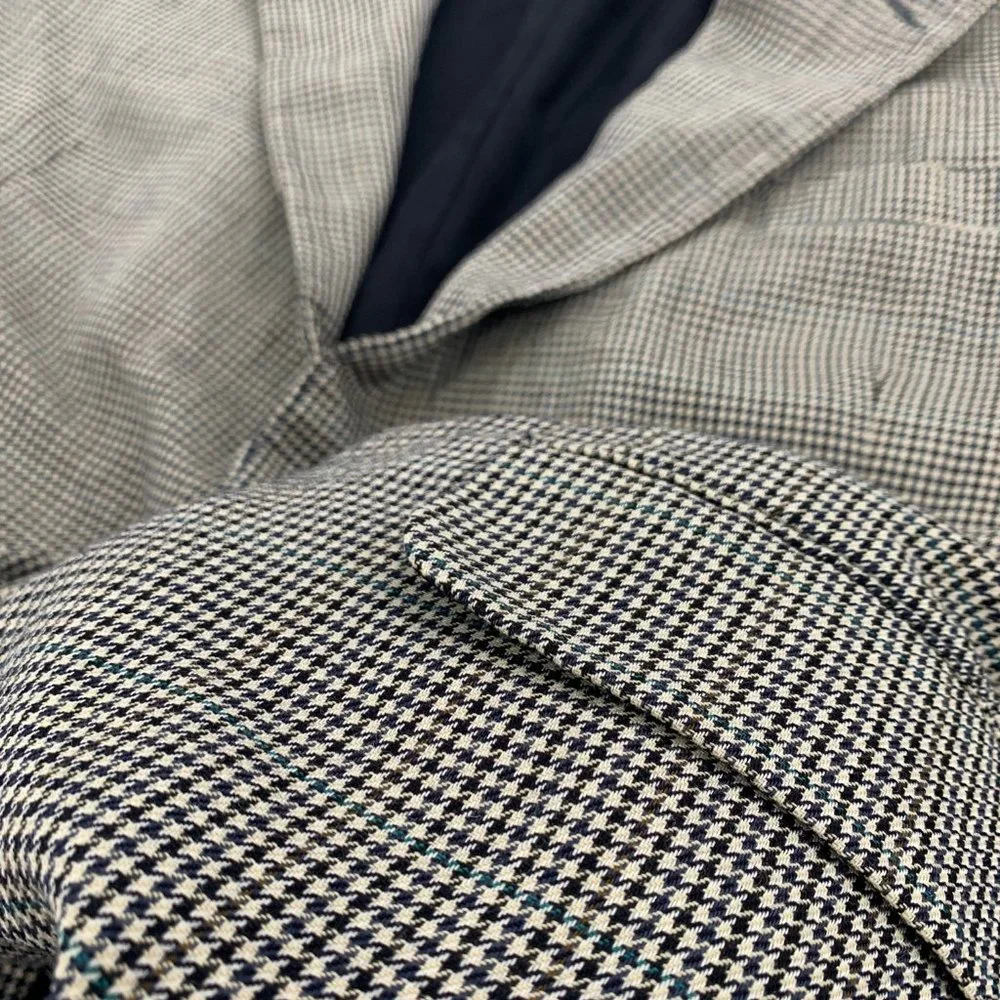 Vintage Mens Oscar‎ de la Renta Blazer Houndstooth 46L 100% Wool Line Ivory Navy